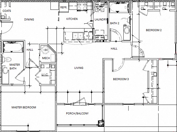 Floor plan for 3 beds, 2 baths, 1075 sqft